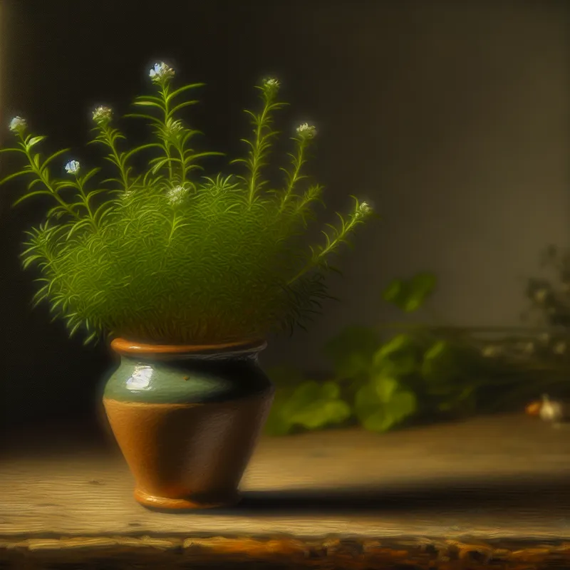 Een klein kruidplantje met witte bloesems in een aardewerken pot op een houten tafel