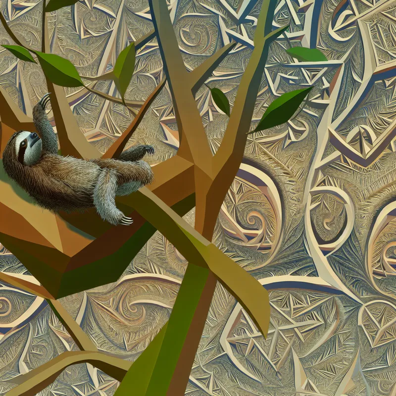 Een klein luiaardje slaapt schattig in een boom met surrealistische, onmogelijke takken.