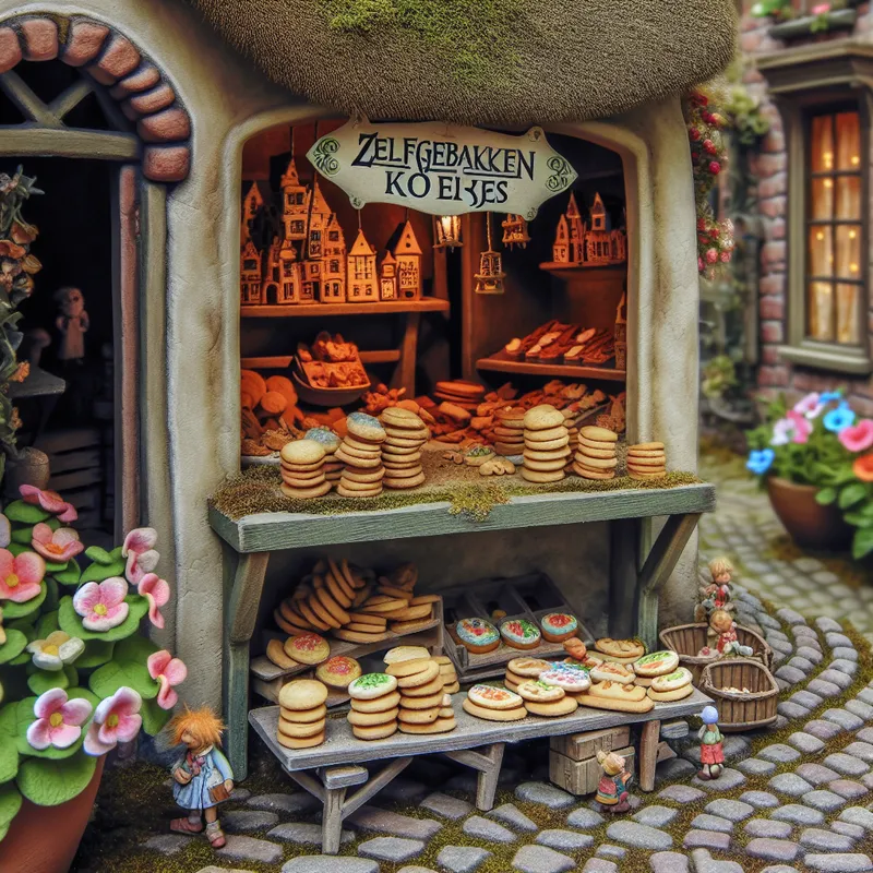 Klein, charmant marktstandje met zelfgebakken koekjes op houten planken, omringd door een pittoresk dorp en bloemen in potten.