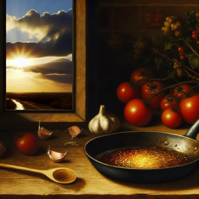 Een klein, ondiep pannetje met een rijke saus op een rustieke houten tafel, omringd door verse ingrediënten zoals tomaten en kruiden.