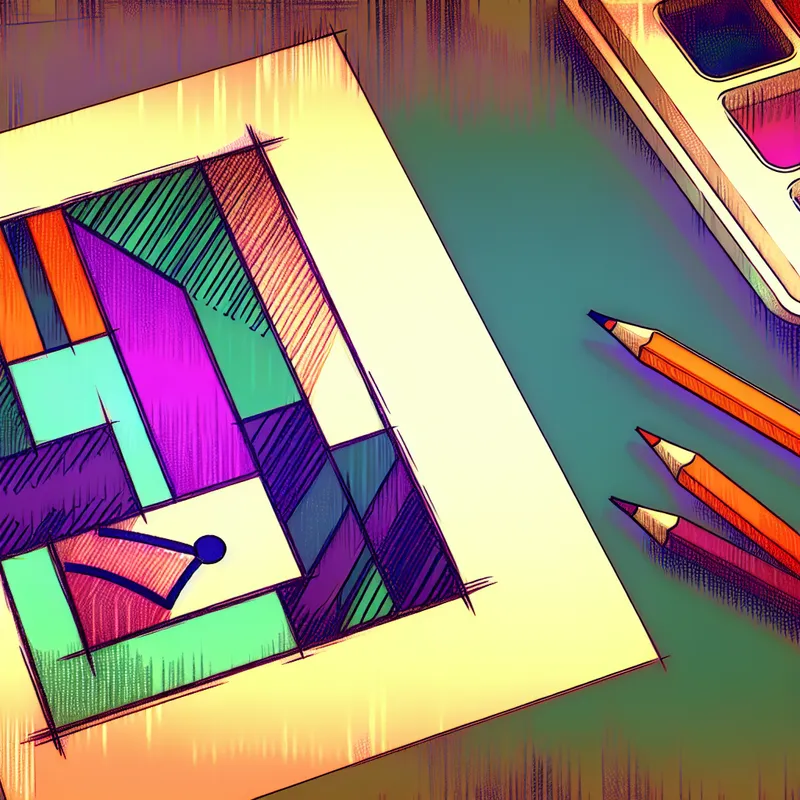 Een klein stuk papier met kleurrijke geometrische patronen op een bureau, omgeven door artistieke hulpmiddelen zoals kleurpotloden en markers.