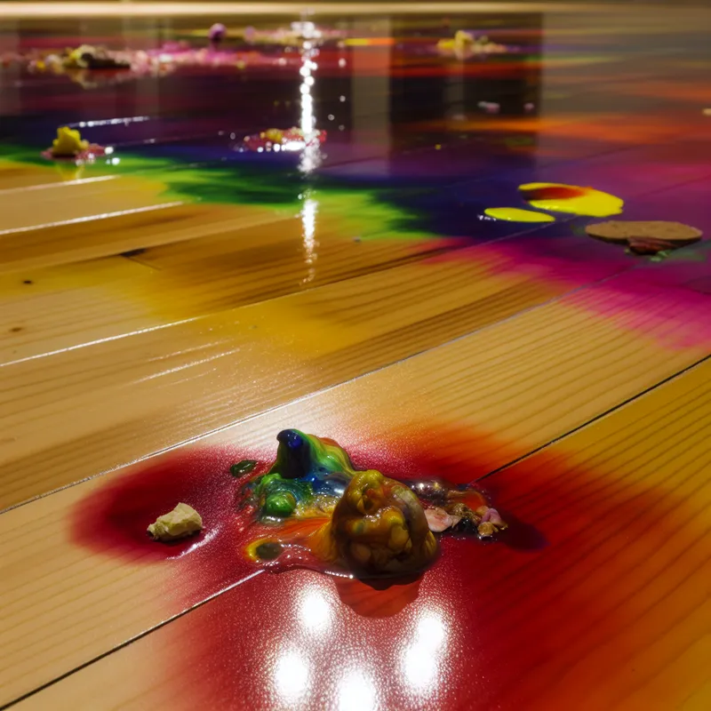 Close-up van een klein, levendig plasje braaksel op een houten vloer, met reflecties van licht en een rommelige omgeving.