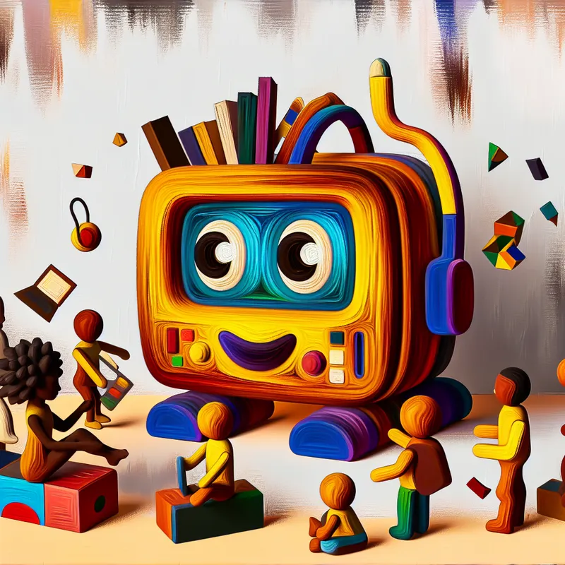 Kleurrijke abstracte afbeelding van een schattige kleine computer omringd door speelgoed, boeken en speelse vormen, met kinderen die enthousiast leren.