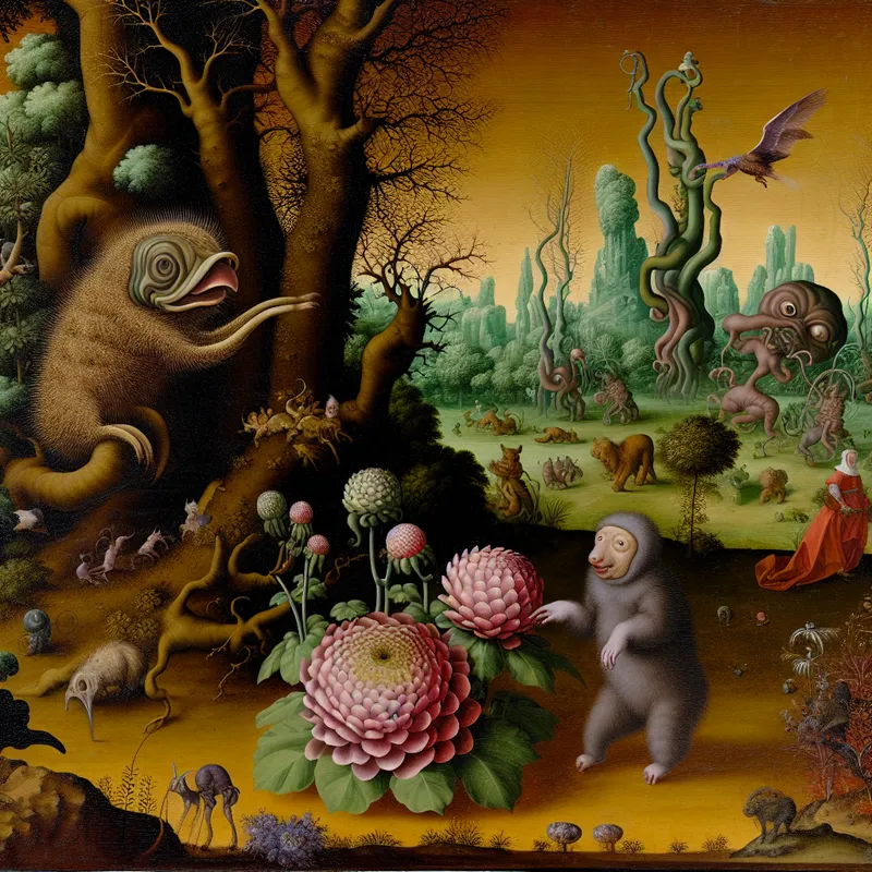 Een schattig, klein wezentje dat lijkt op een mini-elefant of puppy, speelt met enorme, bizarre bloemen in een surrealistisch landschap.