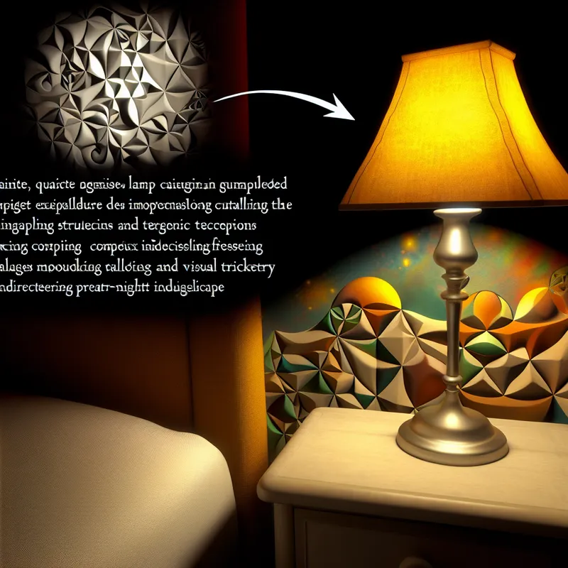 Een klein, speels nachtlampje met een warme gloed, omringd door geometrische illusies en patronen.
