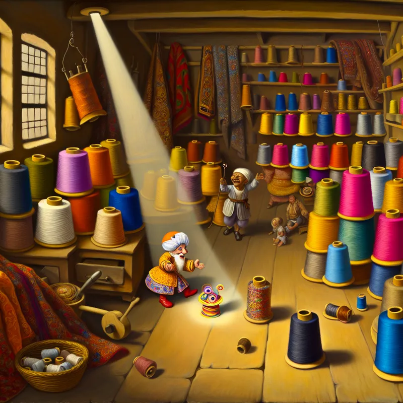 Een klein, kleurrijk spoeltje draad omringd door grotere spoelen in een gezellige werkplaats vol handwerktuigen.