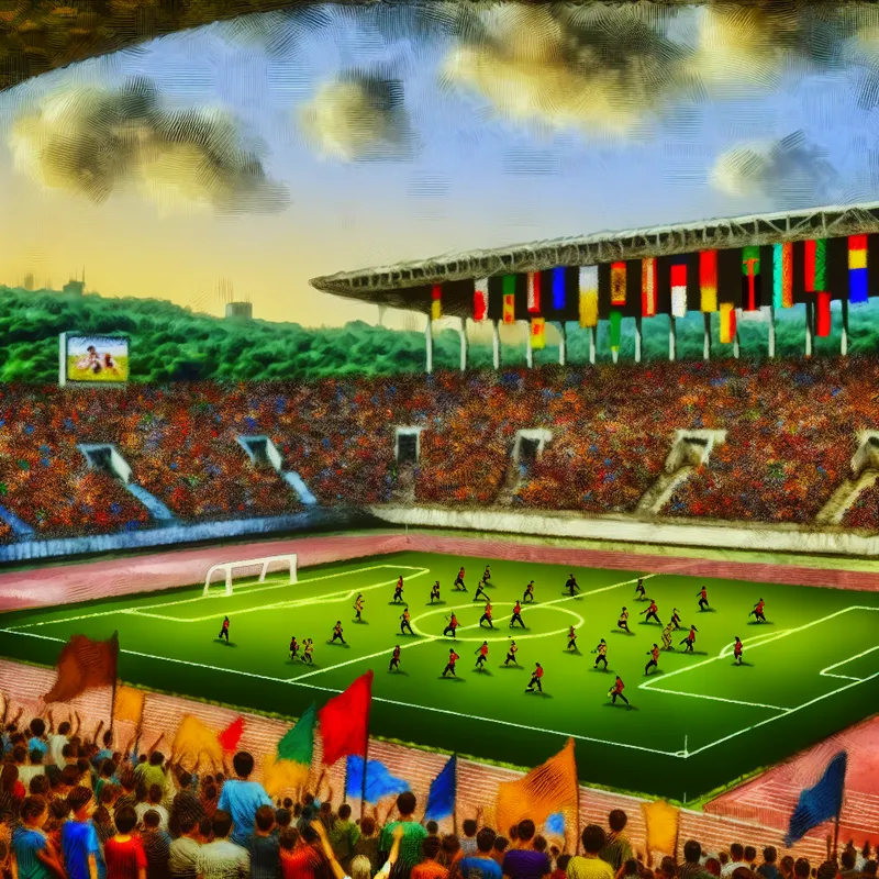 Een klein sportstadion vol opgewonden jonge toeschouwers tijdens een jeugdtournooi.