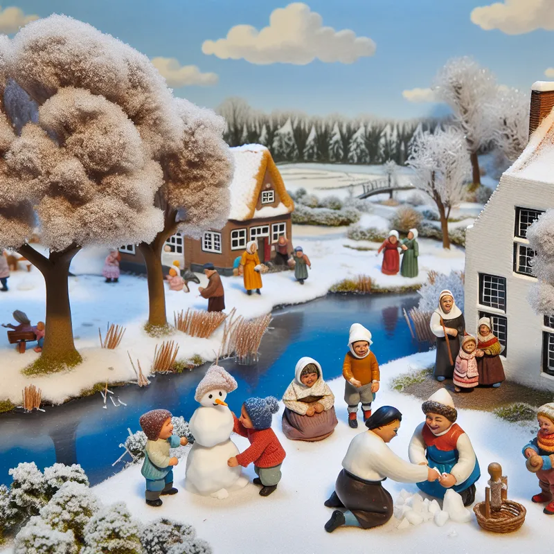 Kinderen spelen plezierig in de sneeuw op een klein stuk land nabij een kalme rivier, omringd door besneeuwde bomen.