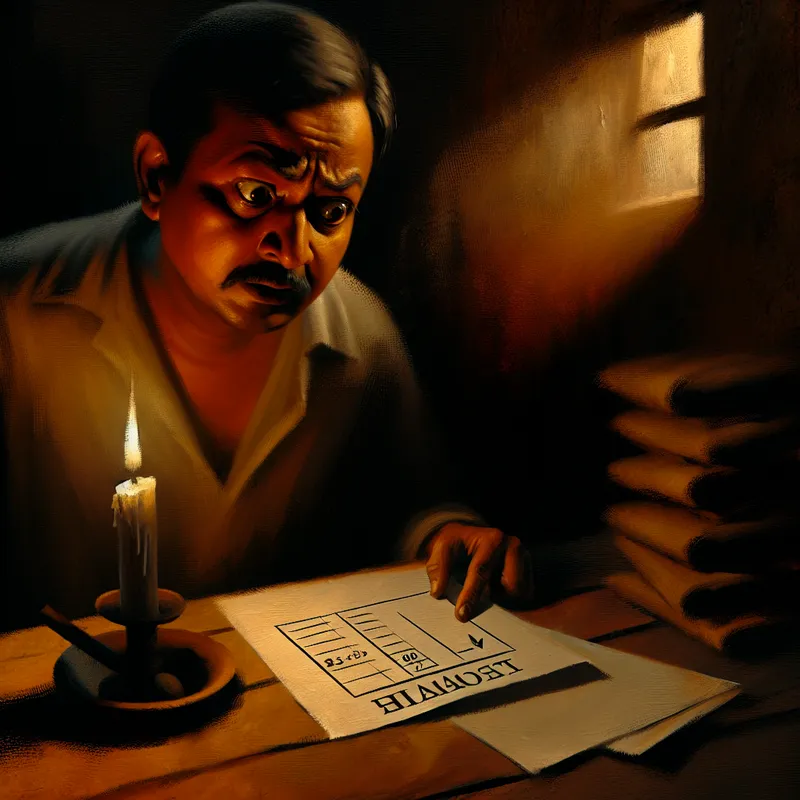 Bezorgde persoon in een donker verlichte kamer kijkt naar een balans met een klein tekort.