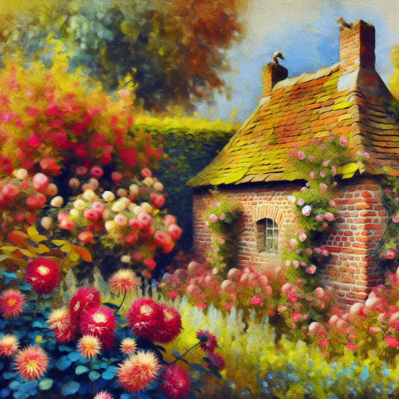 Een klein, charmant tuinmuurtje met kleurrijke bloemen en vogels erop