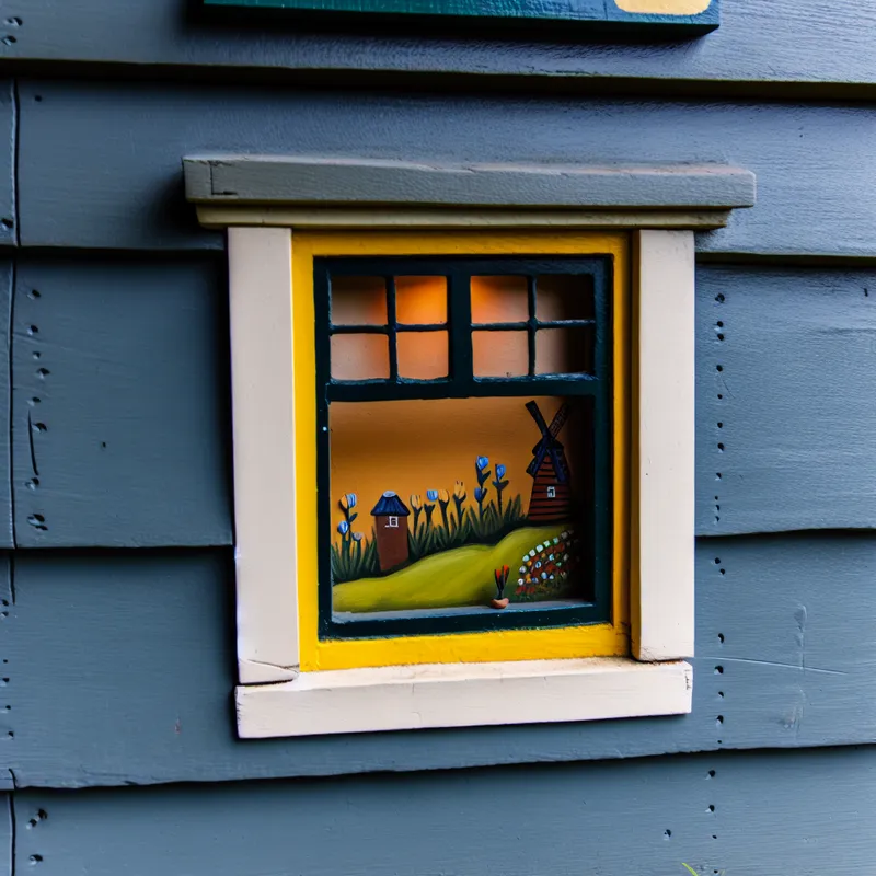 Klein venster met gele omlijsting in een rustieke schuur met uitzicht op een cartoonachtige tuin.