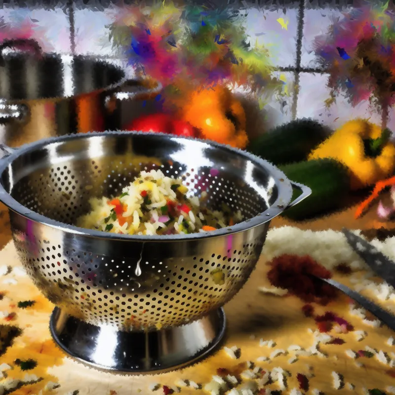 Een klein vergietje met gekookte rijst op een levendige keukenblad vol groenten en kruiden.