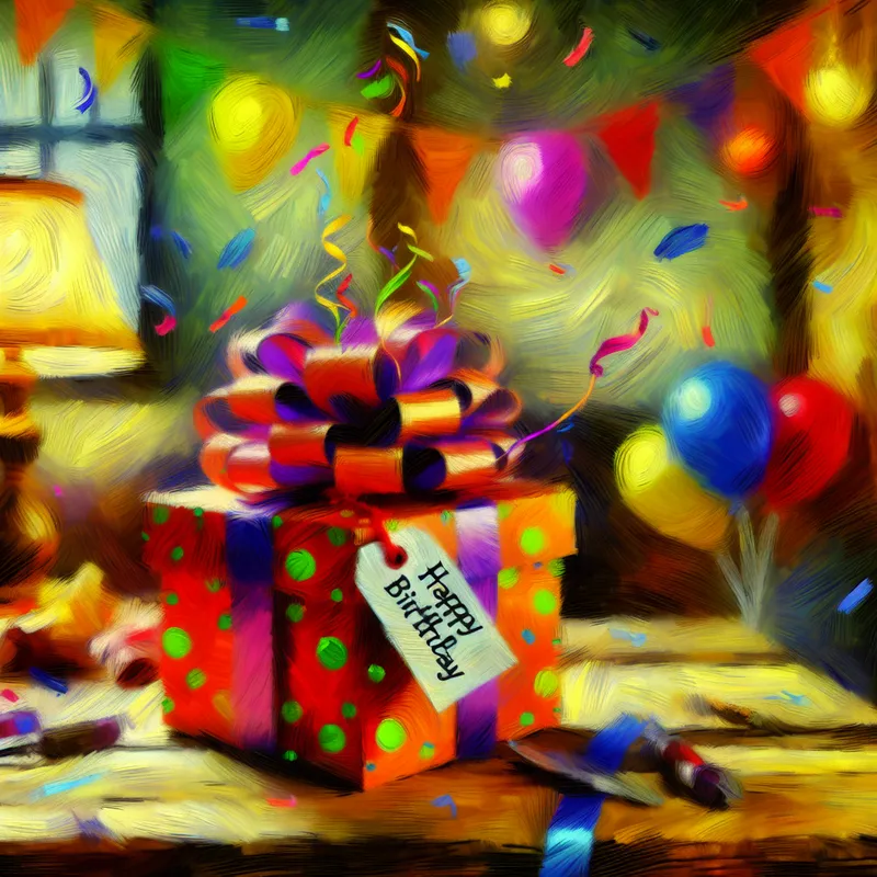 Klein, mooi verpakt cadeau met een kleurrijke strik op een rustieke houten tafel, omgeven door feestversieringen zoals ballonnen en confetti.