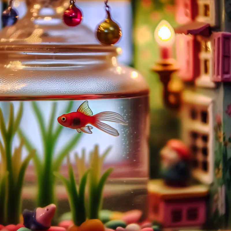 Een klein, vrolijk visje zwemt in een sfeervol aquarium vol kleurrijke planten.