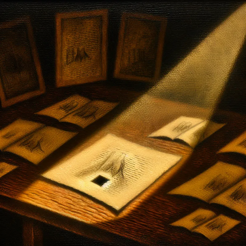 Donker verlichte kamer met een houten tafel vol schetsen en een klein, gedetailleerd vierkantje dat licht uitstraalt.