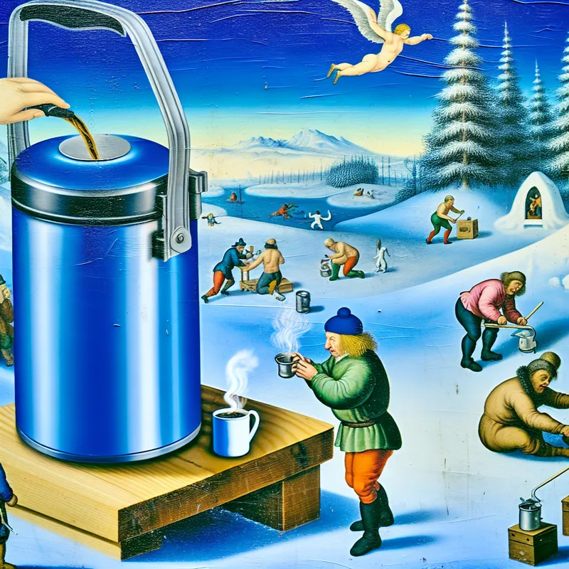 Een persoon giet heet water uit een klein waterkokertje in een kopje, met op de achtergrond sneeuwlandschap en winteractiviteiten.