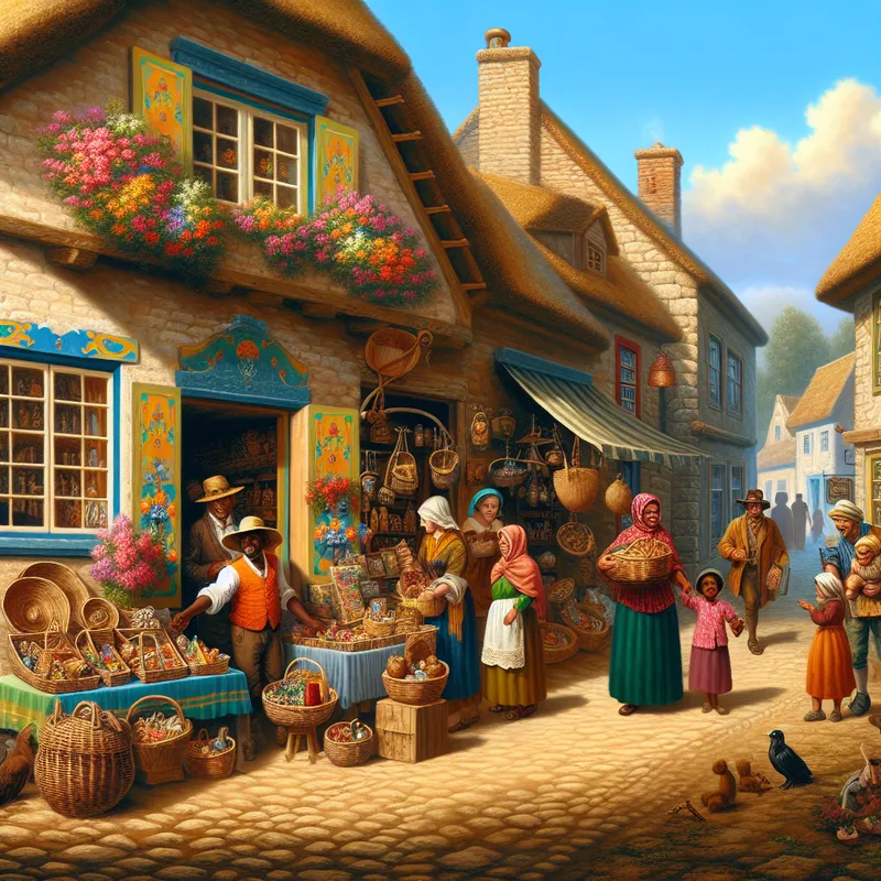 Een charmante kleine winkel in een schilderachtig dorp, vol met handgemaakte souvenirs en vrolijke inwoners die met elkaar interactie hebben.