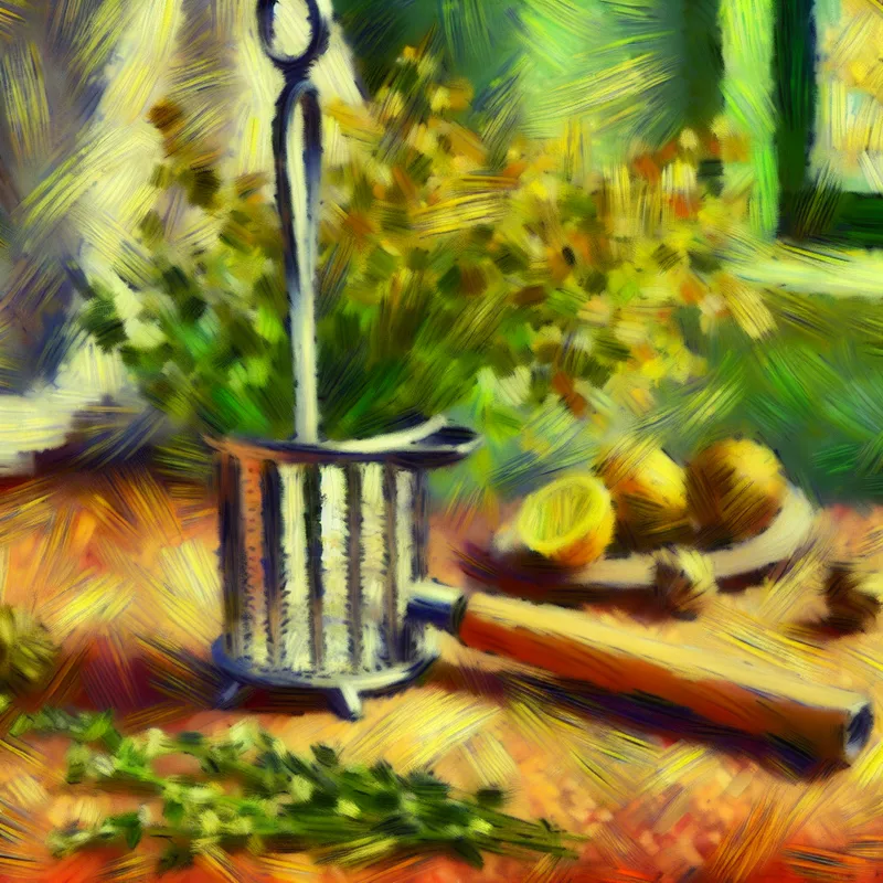 Een klein zeefje staat centraal op een houten tafel, omringd door kleurrijke kruiden.