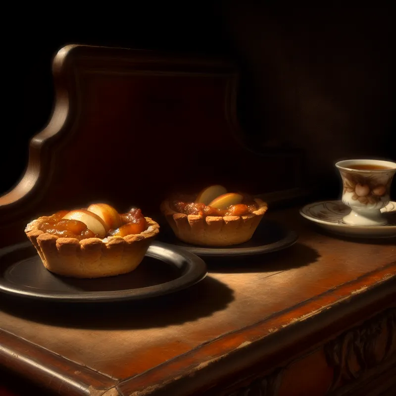 Een prachtig gepresenteerde afbeelding van twee kleine appeltaartjes op een rustieke houten tafel.