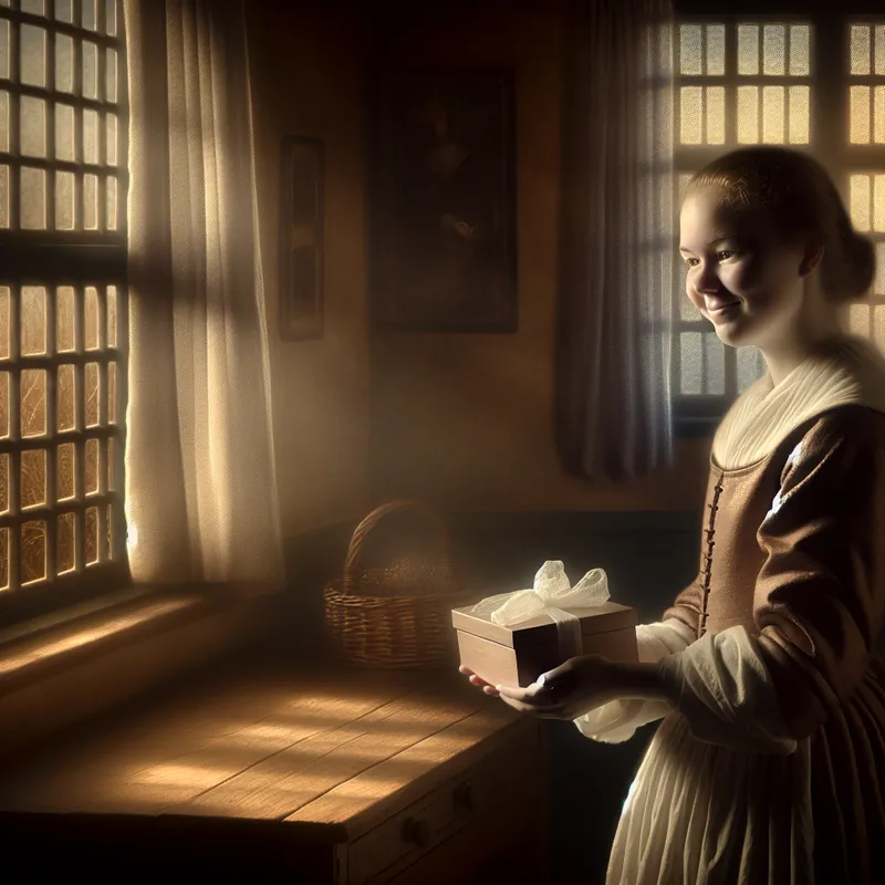 Jonge vrouw in 17e-eeuws Hollands interieur biedt elegant verpakte doos chocolaatjes aan als kleine attentie