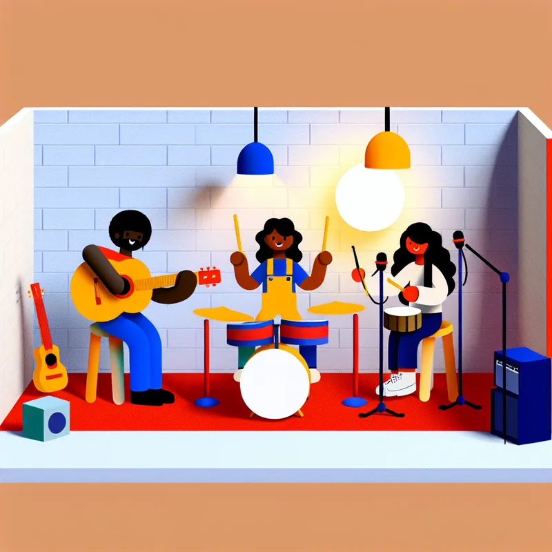 Minimalistische illustratie van een kleine band die samen muziek maakt in een gezellige kelder, met heldere kleuren en kindvriendelijke vormen