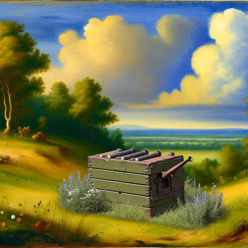 Een kleine, fragiele batterij op een grasheuvel in een serene landschapsweergave door Jacob van Ruisdael. De batterij ligt te midden van wilde bloemen en gras, onder een grote, levendige lucht met draaiende wolken.