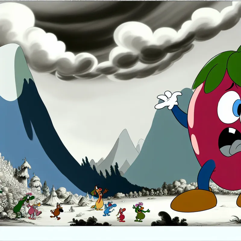 Een kleurrijke, kleine bes met een bezorgde uitdrukking in een uitgestrekt cartoonlandschap met enorme bergen en vrolijke dieren.