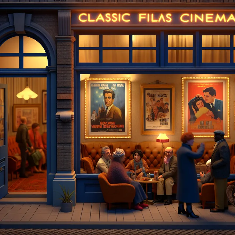 Een charmante kleine bioscoop met vintage posters, sfeervol licht en enthousiaste bezoekers.