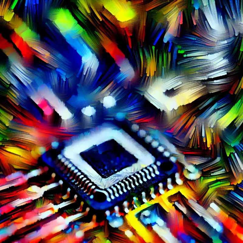 Abstract kunstwerk van een kleine chip, omringd door chaotische en kleurrijke penseelstreken, geïnspireerd door Willem de Kooning.