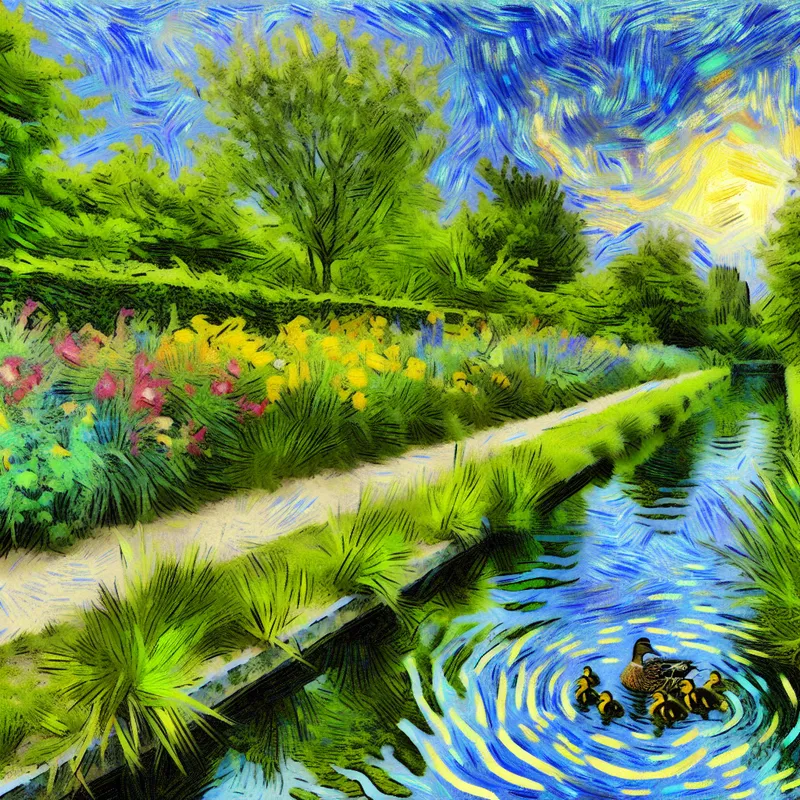 Een kleine gracht in een park met een moeder eend en haar donzige eendjes die langs de waterkant peddelen, omgeven door groene planten en kleurrijke bloemen.