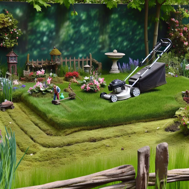 Een kleurrijke tuin met een kleine grasmaaier en spelende kinderen.