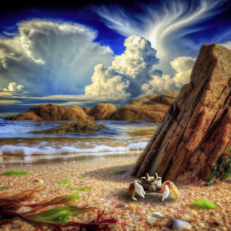 Een schattige kleine krab die onder een verweerde steen vandaan komt op een pittoresk strand.