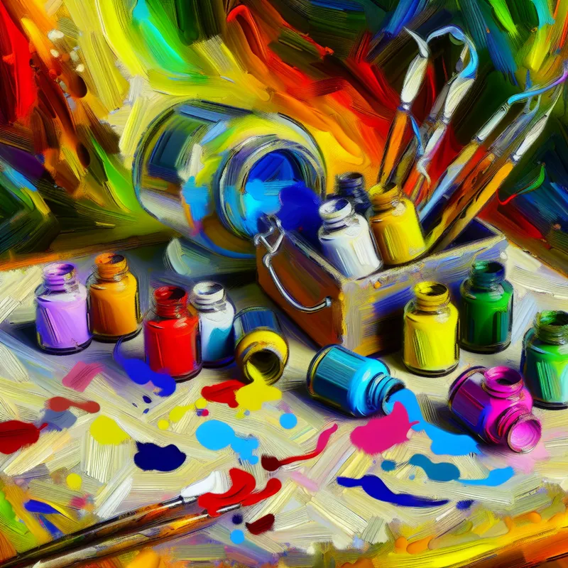 Abstracte expressieve interpretatie van kleine potjes gevuld met levendige verf, gemorst op een gestructureerd doek.