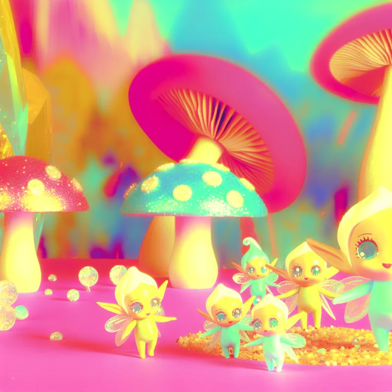 Schattige, kleine wezens die vrolijk spelen tussen grote, kleurrijke paddenstoelen en sprankelende bloemen in een retro-futuristisch landschap.