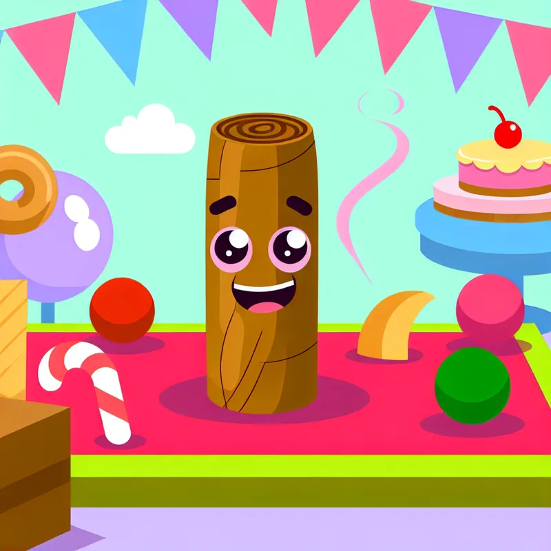 Schattige cartoonachtige kleine sigaar met een glimlach, omringd door snoepjes en desserts in een feestelijke sfeer.