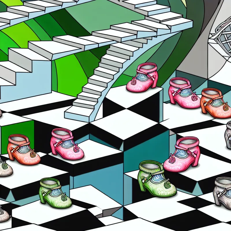 Een illustratie van schattige, kleine schoenen voor poppen, in een surrealistische, geometrische indeling.
