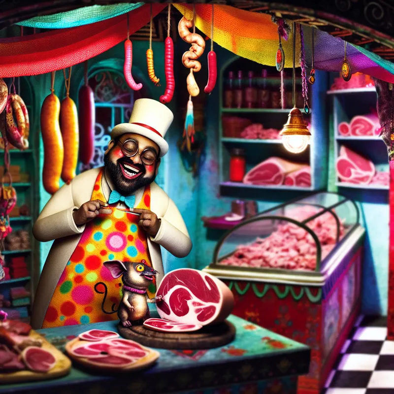 Een schattige kleine slager in een kleurrijke winkel die vrolijk een stuk vlees aanbiedt aan een knuffeldier.