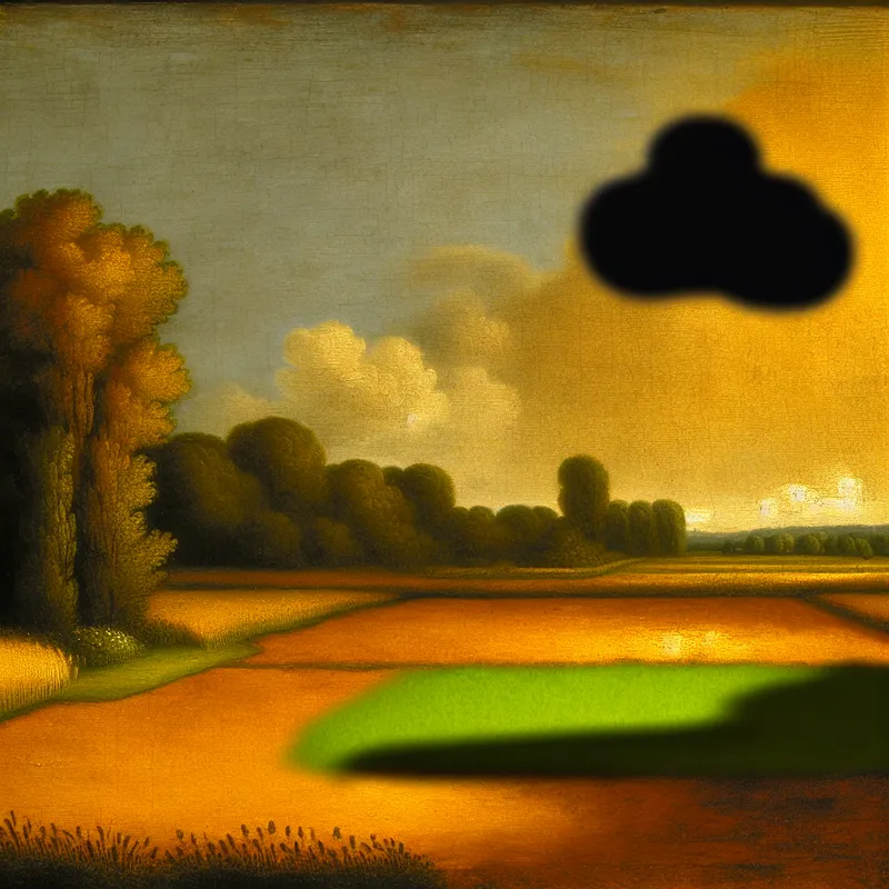 17e-eeuws Hollands landschap met een klein donker wolkje boven een idyllisch dorp, symboliserend een kleine teleurstelling