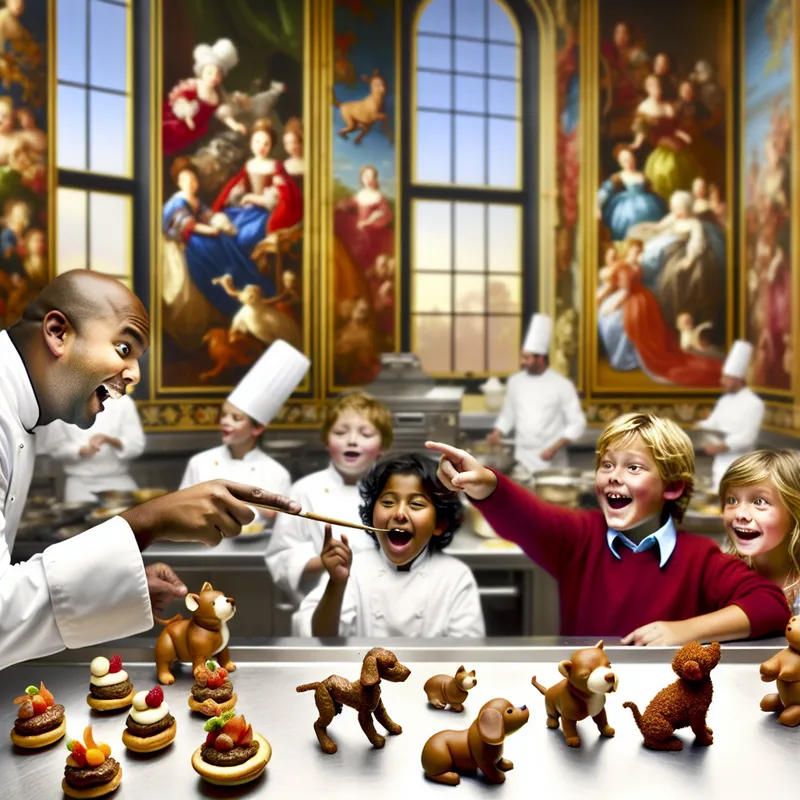 Kok die schattige, kleine vleesgerechten serveert in een levendige keuken met blije kinderen.