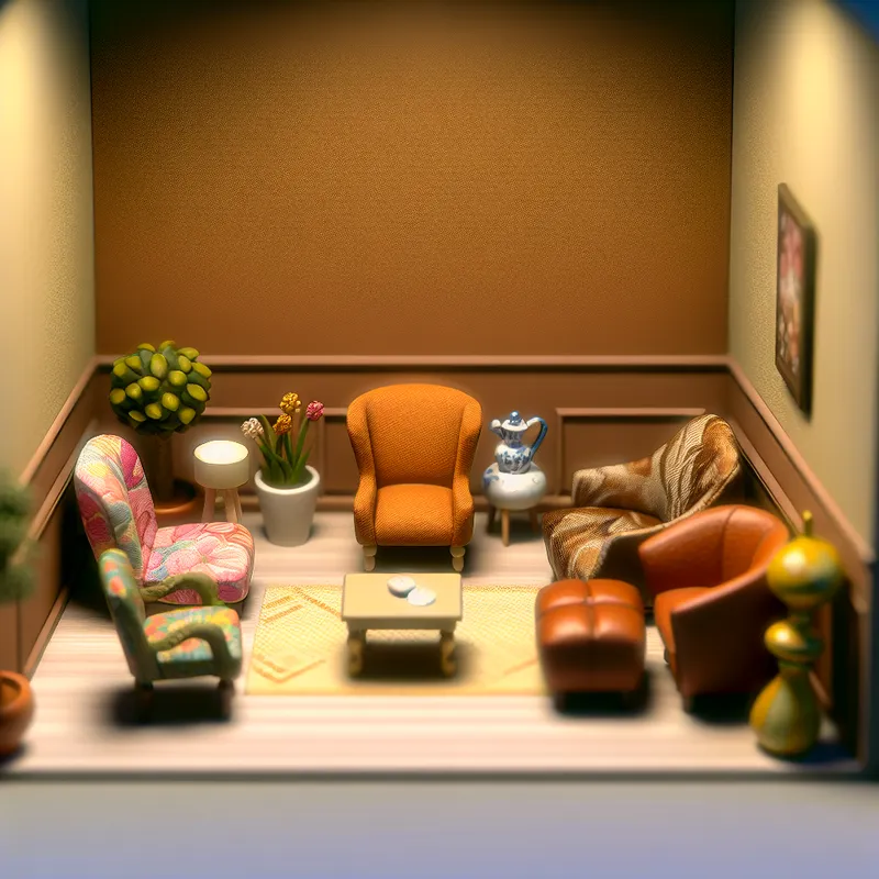 Een kleine wachtruimte met gezellige meubels en planten in warme kleuren.