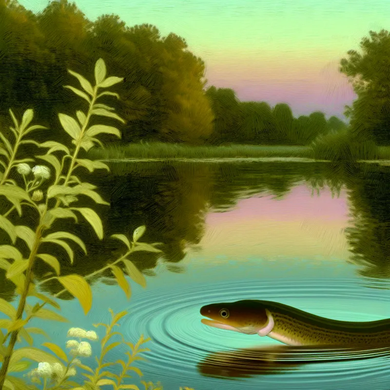 Een kleine zeeltje zwemt sierlijk langs de oever van een serene meer, omringd door weelderig groen.