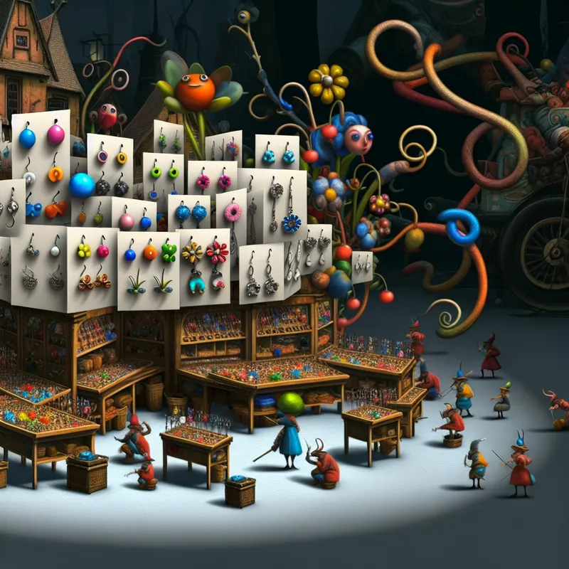 Een surrealistisch marktstal gevuld met kleine oorbellen voor kinderen, ontworpen in de stijl van Hieronymus Bosch, met bloemen en speelse wezens.