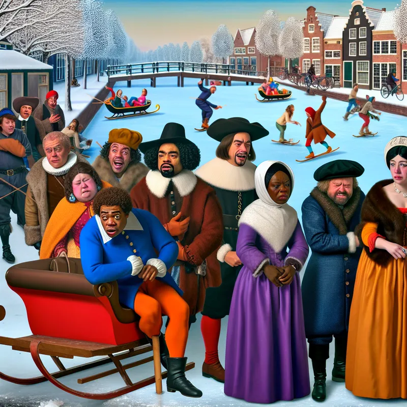 17e-eeuws Hollands wintertafereel met teleurgestelde mensen bij een vertrekkende slee, symboliserend een kleine spijtige gebeurtenis