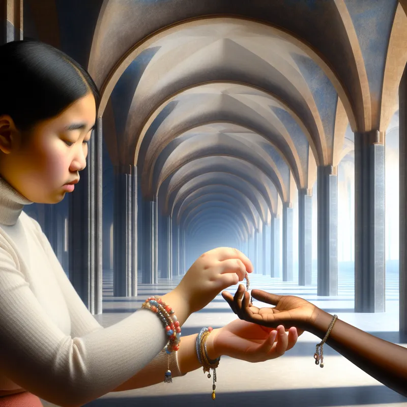 Jonge vrouw geeft een handgemaakte kralenarmband als verrassing aan haar verbaasde vriendin in een surrealistisch interieur