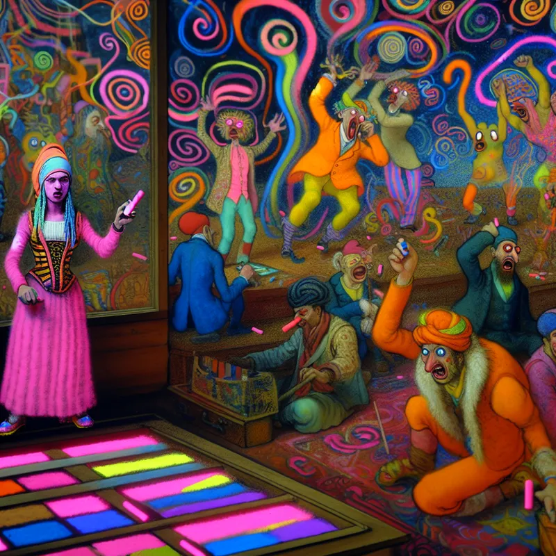 Een groep kleurrijke, fantastische karakters verandert een muur met krijt in levendige surrealistische kunst.