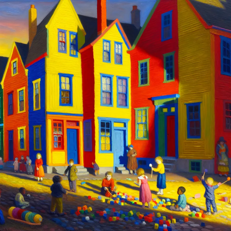 Een kleurrijk huis op een straat met spelende kinderen er vooraan