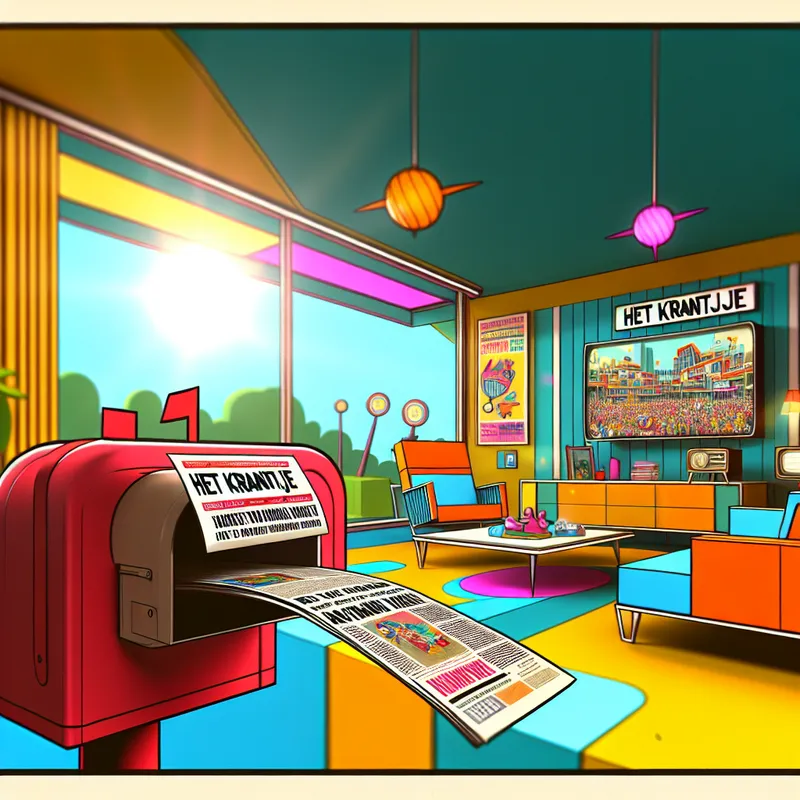Kleurrijk lokaal nieuwsblad 'Het krantje' in een retro-futuristische woonkamer met moderne decoratie.