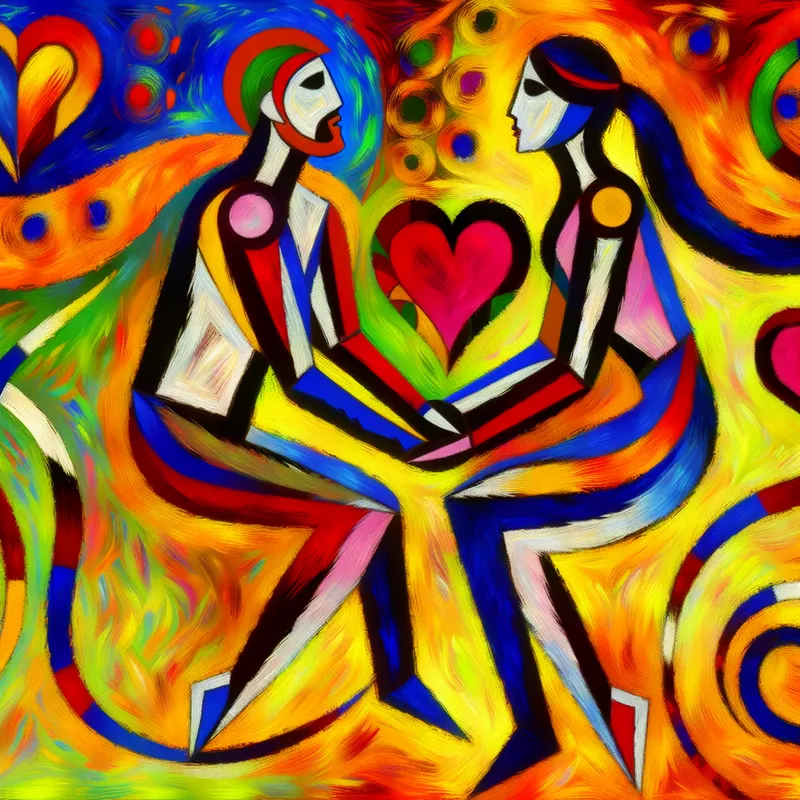 Abstracte afbeelding van twee verweven figuren die een liefdevol paar voorstellen, met een levendig landschap vol kleuren en vormen, omringd door hartjes en linten