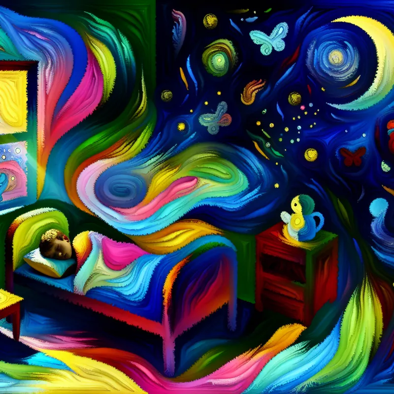 Een kleurrijke abstracte scène met een kind dat vredig slaapt in een gezellige slaapkamer, omringd door speelse vormen en dromerige kleuren.