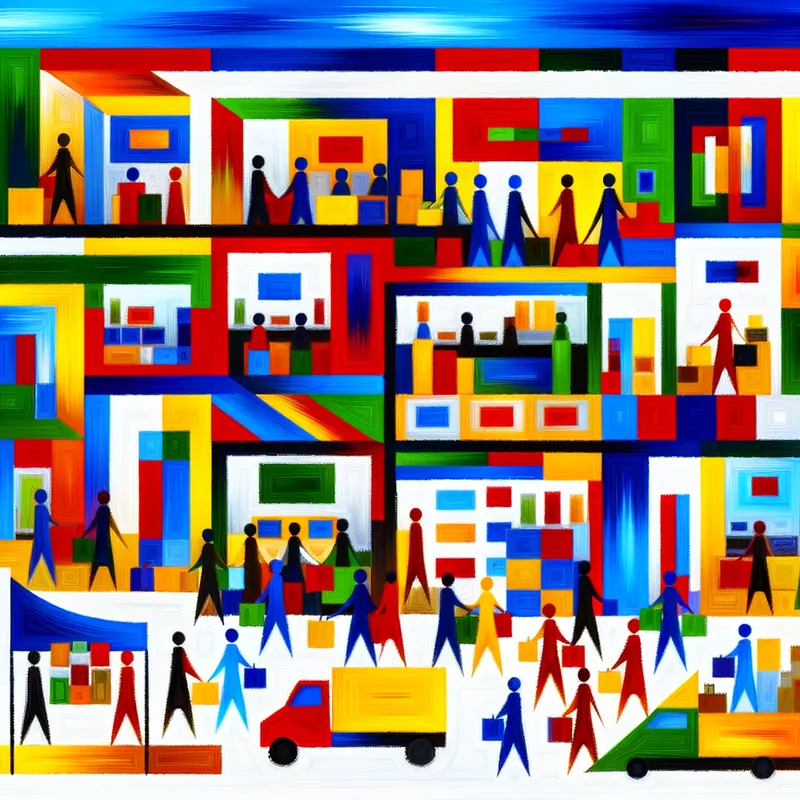 Abstract kleurrijke compositie van een modern kantoorgebouw met werknemers die producten dragen, in de stijl van Karel Appel.